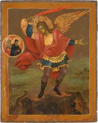 A MONUMENTAL ICON WITH THE ARCHANGEL MICHAEL AND TWO SAINTS A MONUMENTAL ICON WITH THE ARCHANGEL MICHAEL AND TWO SAINTS