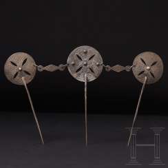 Rare set of three interconnected silver robe pins, England, Anglo-Saxon, 8th - 9th centuries Rare set of three interconnected silver robe pins, England, Anglo-Saxon, 8th - 9th centuries
