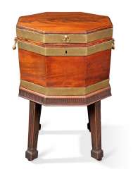 A GEORGE III BRASS-MOUNTED MAHOGANY HEXAGONAL WINE-COOLER ON STAND A GEORGE III BRASS-MOUNTED MAHOGANY HEXAGONAL WINE-COOLER ON STAND