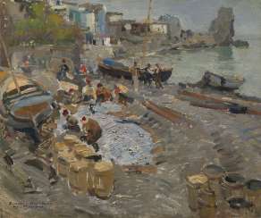 Fishing Boats, Gurzuf, signed, inscribed in Cyrillic Fishing Boats, Gurzuf, signed, inscribed in Cyrillic
