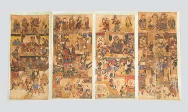 chen Hongshou (1598-1652)-attributed, Four Paintings of Court Scenes , Indian ink with watercollours on paper, laid dawn on paper, partly script signs, demages chen Hongshou (1598-1652)-attributed, Four Paintings of Court Scenes , Indian ink with watercollours on paper, laid dawn on paper, partly script signs, demages