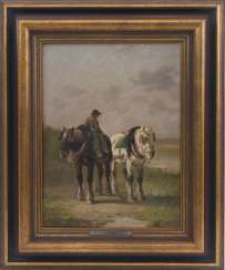 MARTINEZ DE LA VEGA. Chevaux à la pause, 1890, Huile sur Toile MARTINEZ DE LA VEGA. Chevaux à la pause, 1890, Huile sur Toile