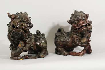 Pair of Fo Lions , Wood carved, original paint, partly open work, Ming Dynasty Pair of Fo Lions , Wood carved, original paint, partly open work, Ming Dynasty
