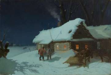 SOLOMATKIN, LEONID (1837-1883) Night Scene near a Tavern , signed and dated 1872. SOLOMATKIN, LEONID (1837-1883) Night Scene near a Tavern , signed and dated 1872.
