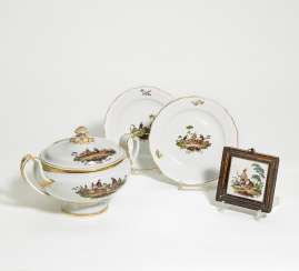 Porcelain tureen, two plates, tile with miner motifs Porcelain tureen, two plates, tile with miner motifs