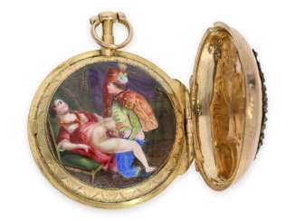 Pocket watch: a rarity, exceptionally early golden spindle watch with hidden erotic enamel painting, No.1533, France approx. 1780 Pocket watch: a rarity, exceptionally early golden spindle watch with hidden erotic enamel painting, No.1533, France approx. 1780