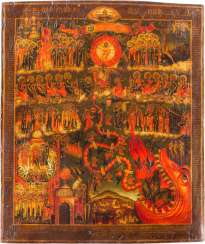 LARGE-FORMAT ICON WITH THE LAST COURT 2nd half of the 20th century A combination of three boards with two backside Sponki. Oil painting on a chalk background LARGE-FORMAT ICON WITH THE LAST COURT 2nd half of the 20th century A combination of three boards with two backside Sponki. Oil painting on a chalk background