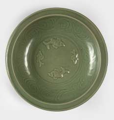 Large celadon dish with decoration of four fish in Relief Large celadon dish with decoration of four fish in Relief