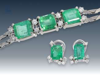 Bracelet/earrings: white gold, decorative vintage emerald/brilliant bracelet with matching clip earrings, 14K white gold Bracelet/earrings: white gold, decorative vintage emerald/brilliant bracelet with matching clip earrings, 14K white gold