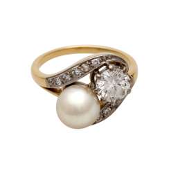 Damenring mit Perle und Brillant ca. 1 ct, Damenring mit Perle und Brillant ca. 1 ct,