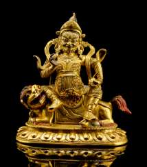 Fire gilt Bronze Vaishravana on lion Fire gilt Bronze Vaishravana on lion