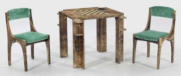 Exceptional game table and Pair of chairs by Aldo Tura Exceptional game table and Pair of chairs by Aldo Tura