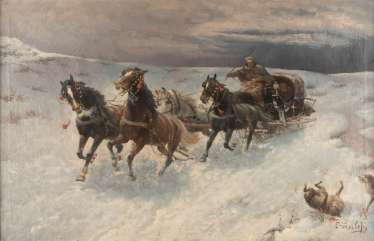 ADOLF BAUMGARTNER (CONSTANTIN STOILOFF) 1850 Linz - 1924 Vienna Sledge pursued by wolves Oil on canvas. 68 ADOLF BAUMGARTNER (CONSTANTIN STOILOFF) 1850 Linz - 1924 Vienna Sledge pursued by wolves Oil on canvas. 68