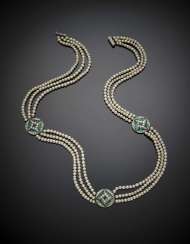 Three strand mm 3.50-4.50 circa natural saltwater pearl necklace with old mine diamond and emerald spacers Three strand mm 3.50-4.50 circa natural saltwater pearl necklace with old mine diamond and emerald spacers