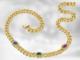Necklace/Collier: very solid heavy tank necklace with ruby/sapphire/emerald cabochons and diamonds, total approx. 4,8 ct, 18K white Gold, the court jeweller Roesner Necklace/Collier: very solid heavy tank necklace with ruby/sapphire/emerald cabochons and diamonds, total approx. 4,8 ct, 18K white Gold, the court jeweller Roesner