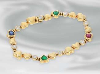 Bracelet: high-quality, modern heart of gold bracelet with emerald-, ruby-, sapphire - and diamond trimming, approx. 2,54 ct, 18K Gold, very expensive brand-name jewellery by Zappe Bracelet: high-quality, modern heart of gold bracelet with emerald-, ruby-, sapphire - and diamond trimming, approx. 2,54 ct, 18K Gold, very expensive brand-name jewellery by Zappe