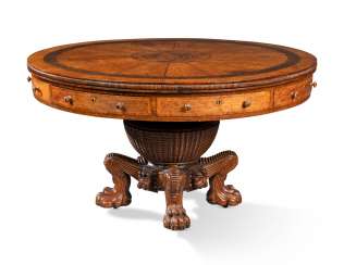 A REGENCY BRASS-INLAID OAK AND INDIAN ROSEWOOD LIBRARY TABLE A REGENCY BRASS-INLAID OAK AND INDIAN ROSEWOOD LIBRARY TABLE