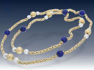 Kette: lange, äußerst dekorative und außergewöhnliche Perlen/Lapislazuli-Goldkette, Königsmuster in 18KGold Kette: lange, äußerst dekorative und außergewöhnliche Perlen/Lapislazuli-Goldkette, Königsmuster in 18KGold