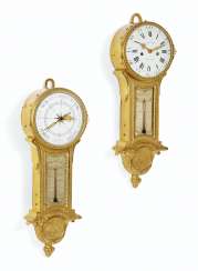 A LOUIS XVI MATCHED ORMOLU CLOCK AND COMPANION BAROMETER A LOUIS XVI MATCHED ORMOLU CLOCK AND COMPANION BAROMETER