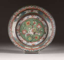 FLAT CLOISONNÉ BOWL WITH CRANE DECOR China FLAT CLOISONNÉ BOWL WITH CRANE DECOR China