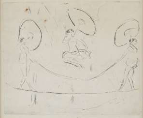 ERNST LUDWIG KIRCHNER 1880 Aschaffenburg - 1938 Frauenkirch in Davos 'THREE wire rope acrobats WITH skipping rope AND UMBRELLAS' (1910) ERNST LUDWIG KIRCHNER 1880 Aschaffenburg - 1938 Frauenkirch in Davos 'THREE wire rope acrobats WITH skipping rope AND UMBRELLAS' (1910)
