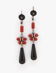 Earrings with corals, onyx and diamonds Earrings with corals, onyx and diamonds