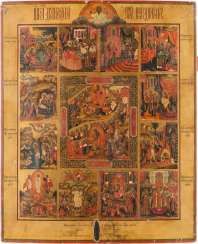 VERY FINE, LARGE-FORMAT, SIGNED AND DATED ICON OF THE DESCENT INTO HELL, THE RESURRECTION AND THE TWELVE GREAT FEASTS VERY FINE, LARGE-FORMAT, SIGNED AND DATED ICON OF THE DESCENT INTO HELL, THE RESURRECTION AND THE TWELVE GREAT FEASTS
