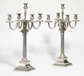 Pair of large silver candelabra with column shafts Pair of large silver candelabra with column shafts