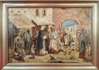 ARAB MERCHANTS. OIL ON TABLE. UNSIGNED. MOROCCO. TWENTIETH CENTURY. ARAB MERCHANTS. OIL ON TABLE. UNSIGNED. MOROCCO. TWENTIETH CENTURY.