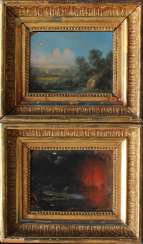 Dutch School late 17th Century, One night landsacpe with burning village and peasants in the foreground and one landscape with bathers in landscape Dutch School late 17th Century, One night landsacpe with burning village and peasants in the foreground and one landscape with bathers in landscape