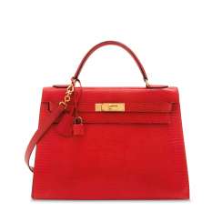 A SHINY ROUGE VIF SALVATOR LIZARD SELLIER KELLY 32 WITH GOLD HARDWARE A SHINY ROUGE VIF SALVATOR LIZARD SELLIER KELLY 32 WITH GOLD HARDWARE