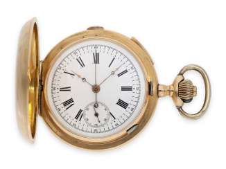 Pocket watch: heavy, red-gold Savonnette with Repetition and Chronograph, and of heavy, rose-gold-plated watch chain, probably A. Lugrin to 1900 Pocket watch: heavy, red-gold Savonnette with Repetition and Chronograph, and of heavy, rose-gold-plated watch chain, probably A. Lugrin to 1900