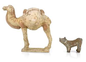 Clay figurine of a camel, and a small Figurine of a dog Clay figurine of a camel, and a small Figurine of a dog