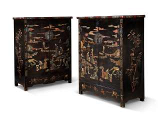 A PAIR OF CHINESE MOTHER-OF-PEARL, SOAPSTONE, AND HARDSTONE-INLAID BLACK-LACQUER CABINETS A PAIR OF CHINESE MOTHER-OF-PEARL, SOAPSTONE, AND HARDSTONE-INLAID BLACK-LACQUER CABINETS