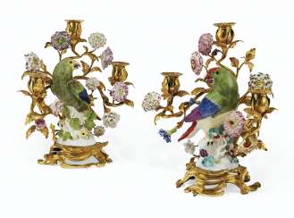 A PAIR OF LOUIS XV ORMOLU-MOUNTED MEISSEN PORCELAIN THREE-LIGHT CANDELABRA A PAIR OF LOUIS XV ORMOLU-MOUNTED MEISSEN PORCELAIN THREE-LIGHT CANDELABRA