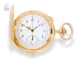 Pocket watch: fine gold savonnette with Chronograph and Repetition, very nice quality, Fabrique Aureole/Le Phare, Successeur de Ph. Wolff, Switzerland, around 1900 Pocket watch: fine gold savonnette with Chronograph and Repetition, very nice quality, Fabrique Aureole/Le Phare, Successeur de Ph. Wolff, Switzerland, around 1900