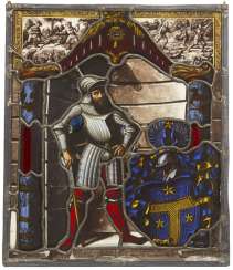 Lead glass window with a knight and a coat-of-arms presentation Lead glass window with a knight and a coat-of-arms presentation