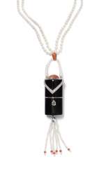 Cartier diamond and coral lipstick holder on a natural pearl chain Cartier diamond and coral lipstick holder on a natural pearl chain
