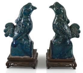 Pair of turquoise glazed ceramic roof tab in Phoenix Form Pair of turquoise glazed ceramic roof tab in Phoenix Form