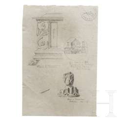 Albert Speer - drawing with a Florentine chest, a medal from St. Peter's Church and an ancient column base Albert Speer - drawing with a Florentine chest, a medal from St. Peter's Church and an ancient column base