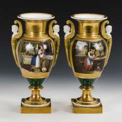 2 Biedermeier vases with genre painting 2 Biedermeier vases with genre painting
