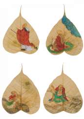 Four exceptional, with Luohan, painted Bodhi tree leaves Four exceptional, with Luohan, painted Bodhi tree leaves