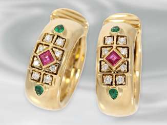 Earrings: high quality Hoop earrings with diamonds, rubies and emeralds, 18K Gold Earrings: high quality Hoop earrings with diamonds, rubies and emeralds, 18K Gold