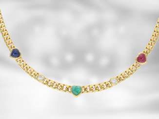 Chain/necklace: massive and heavy Golden vintage necklace with brilliant-cut diamonds and color stones in heart shape, vintage brand jewelry from Wempe 18K yellow Gold Chain/necklace: massive and heavy Golden vintage necklace with brilliant-cut diamonds and color stones in heart shape, vintage brand jewelry from Wempe 18K yellow Gold