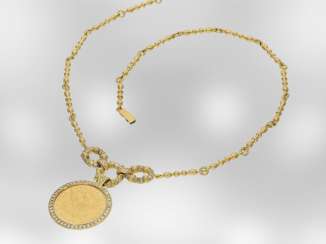 Chain/necklace: decorative coin necklace with brilliant-cut diamonds, approx 0.50 ct, 18K and 21.6 K yellow gold, unique, handmade Chain/necklace: decorative coin necklace with brilliant-cut diamonds, approx 0.50 ct, 18K and 21.6 K yellow gold, unique, handmade
