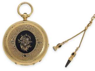 Pocket watch/Attachments watch: fine Gold/enamel ladies Lepine with diamonds, and associated gold chat-Elaine with the key and the signet, A. Becus Paris, No. 5768, CA. 1870 Pocket watch/Attachments watch: fine Gold/enamel ladies Lepine with diamonds, and associated gold chat-Elaine with the key and the signet, A. Becus Paris, No. 5768, CA. 1870