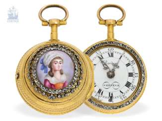 Pocket watch: exquisite, early Geneva double case-Spindeluhr with enamel-painting, Bordier a Geneve, No. 36505, 1770 Pocket watch: exquisite, early Geneva double case-Spindeluhr with enamel-painting, Bordier a Geneve, No. 36505, 1770