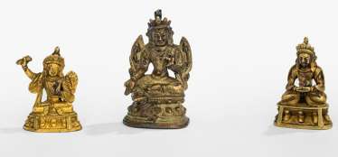 Three fire-gilded bronzes: Manjushri, Amitayus and Syamatara Three fire-gilded bronzes: Manjushri, Amitayus and Syamatara