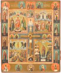 LARGE FOUR FIELDS ICON WITH THE CRUCIFIXION OF CHRIST, SOPHIA, AND GRACE, IMAGES OF THE MOTHER OF GOD LARGE FOUR FIELDS ICON WITH THE CRUCIFIXION OF CHRIST, SOPHIA, AND GRACE, IMAGES OF THE MOTHER OF GOD