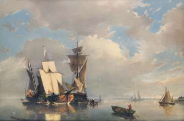 A warship and a cargo ship at anchor. Johannes Hermann Barend Koekkoek A warship and a cargo ship at anchor. Johannes Hermann Barend Koekkoek